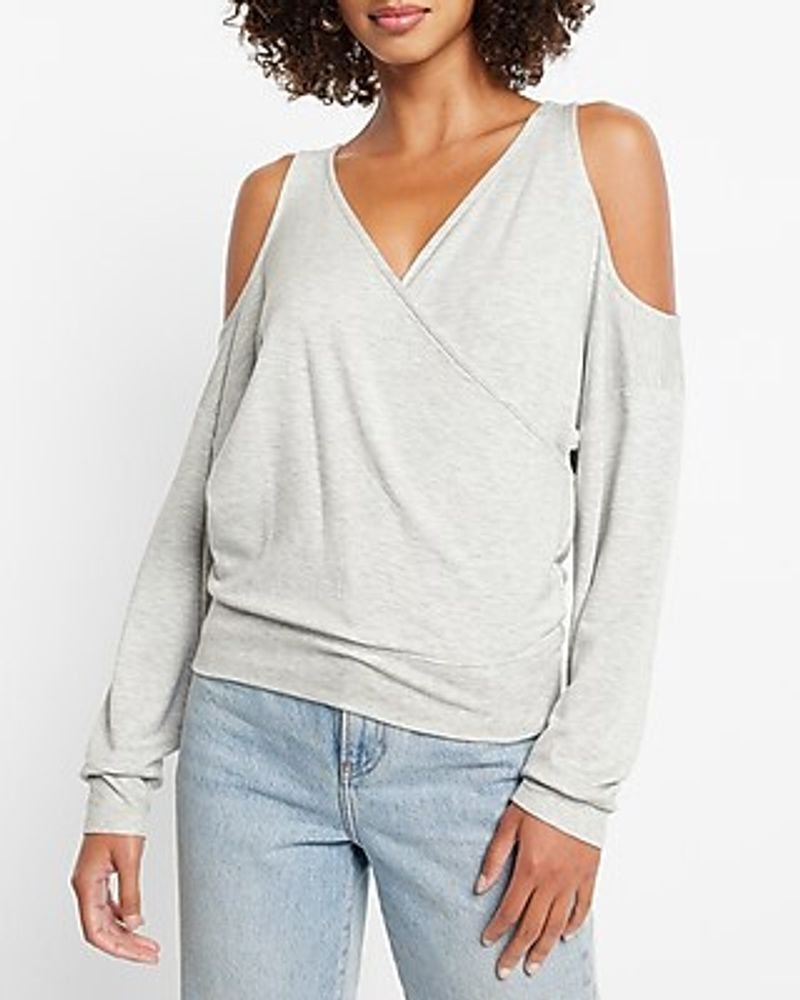 V-Neck Faux Wrap Open Shoulder Sweatshirt Gray Women's S