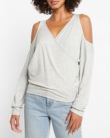 V-Neck Faux Wrap Open Shoulder Sweatshirt Gray Women's S