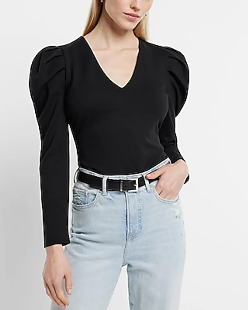 Fitted Ponte V-Neck Puff Sleeve Bodysuit