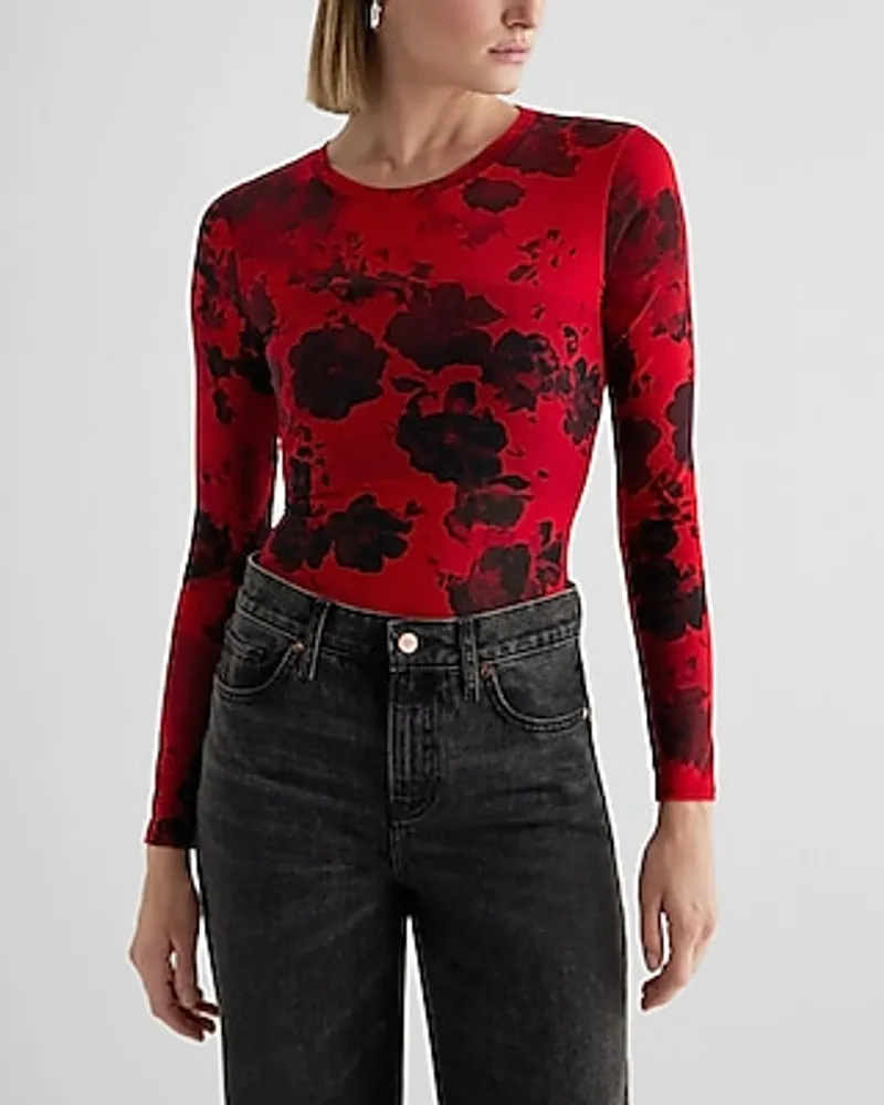 Express Fitted Mesh Floral Crew Neck Long Sleeve Bodysuit Red Women's L