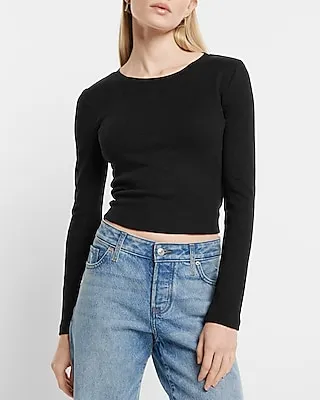 Fitted Crew Neck Long Sleeve Crop Top Black Women's XL