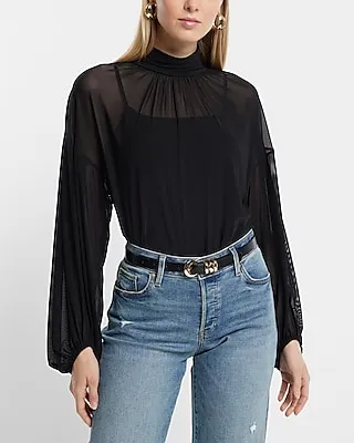 Mesh Gathered Mock Neck Blouson Sleeve Top Black Women's M