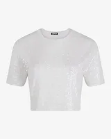 Skimming Sequin Crew Neck Boxy Crop Top White Women's