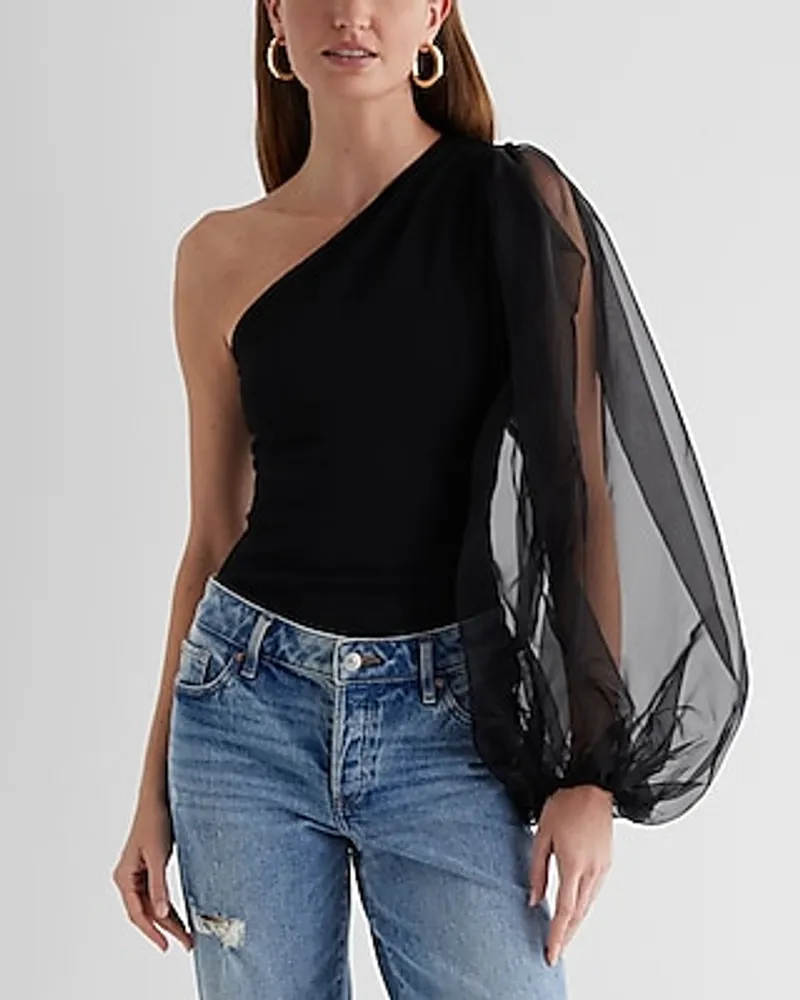 Organza Sleeve One Shoulder Pleated Bodysuit Women