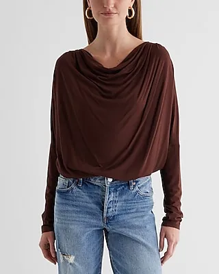 Supersoft Draped Cowl Neck Long Sleeve Tee Brown Women's S