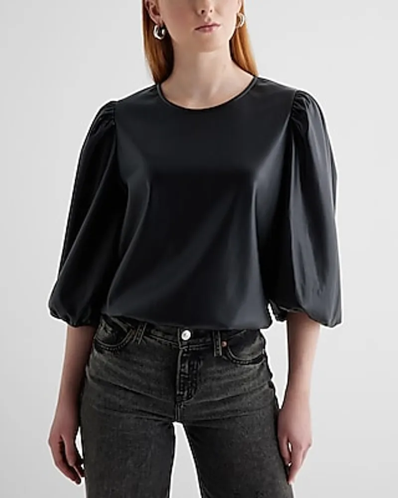 Skimming Faux Leather Puff Sleeve Tee