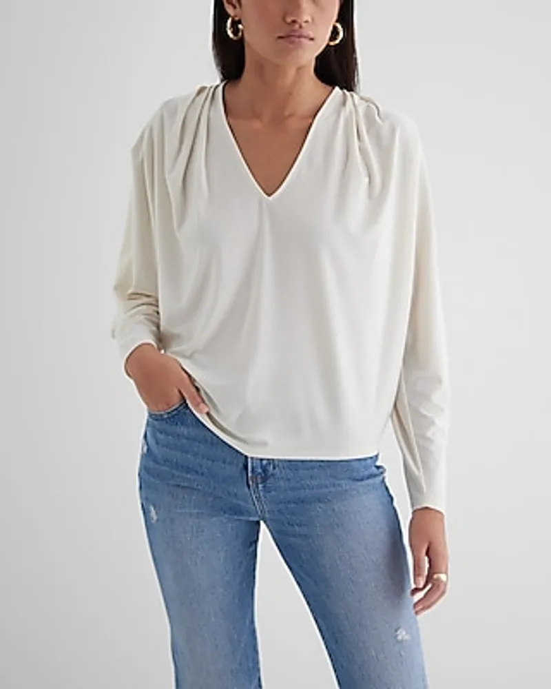 Skimming V-Neck Long Sleeve Pleated Shoulder Top White Women's S