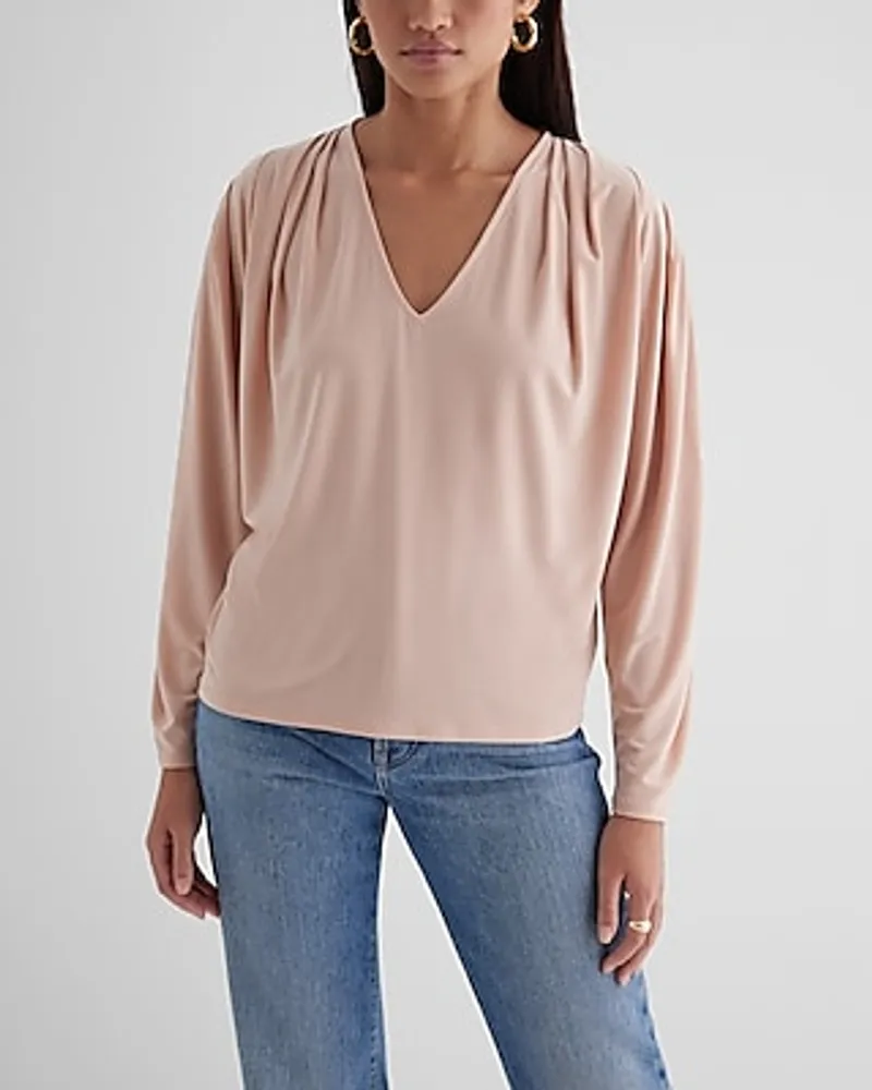 Long Sleeve Pleat V-Neck Blouse