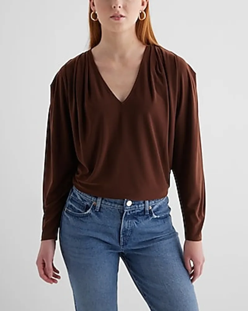 Skimming V-Neck Long Sleeve Pleated Shoulder Top Women