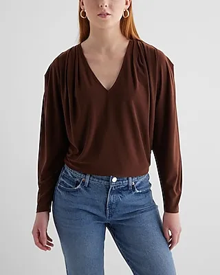 Skimming V-Neck Long Sleeve Pleated Shoulder Top Women's XL