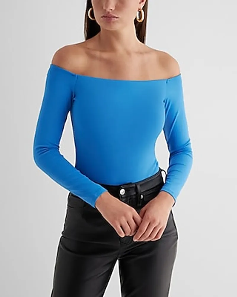 Express Body Contour High Compression Off The Shoulder Bodysuit Blue  Women's XL