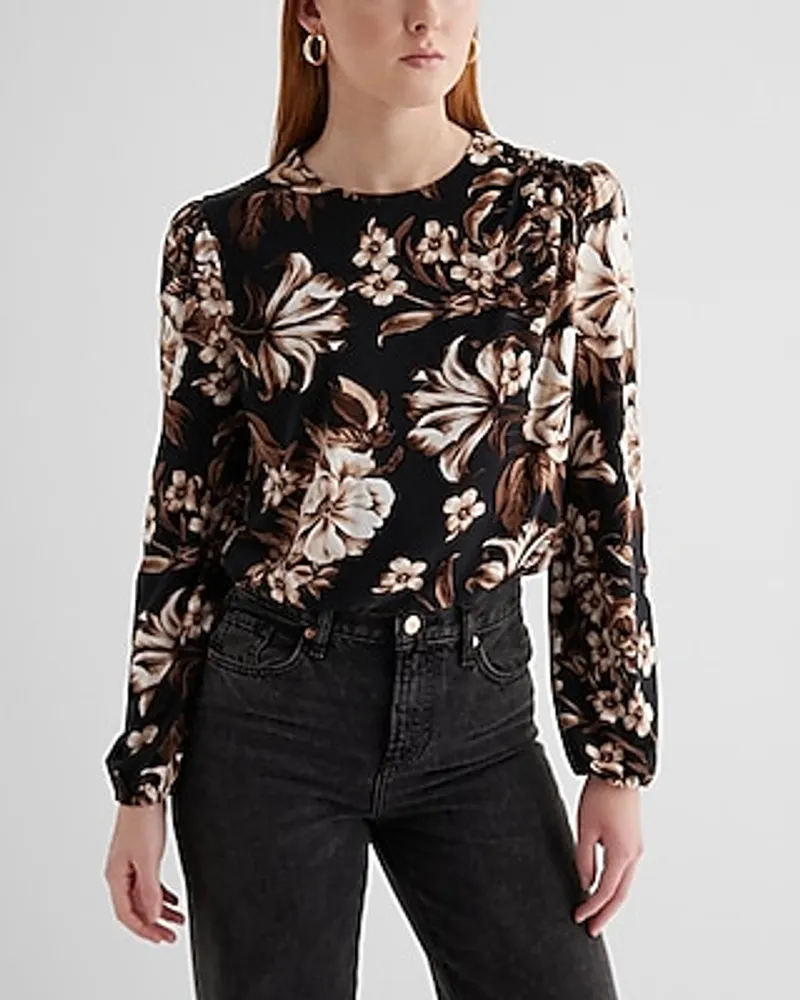 Express Skimming Floral Crew Neck Puff Sleeve Bodysuit Multi-Color