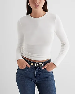 Fitted Ribbed Crew Neck Long Sleeve Tee White Women
