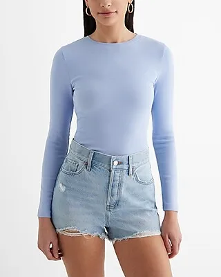 Fitted Ribbed Crew Neck Long Sleeve Tee Blue Women's