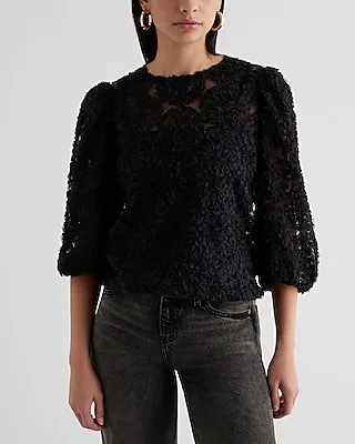 Textured Floral Crew Neck Puff Sleeve Top