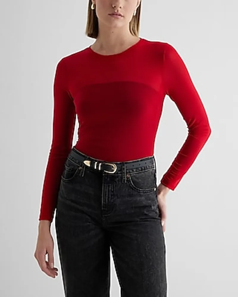 Fitted Mesh Crew Neck Long Sleeve Tee Red Women's