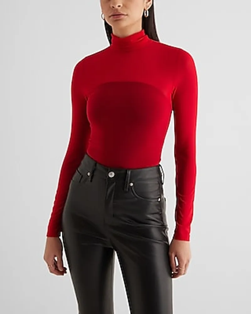 Express Fitted Mesh Mock Neck Long Sleeve Bodysuit Red Women's XL