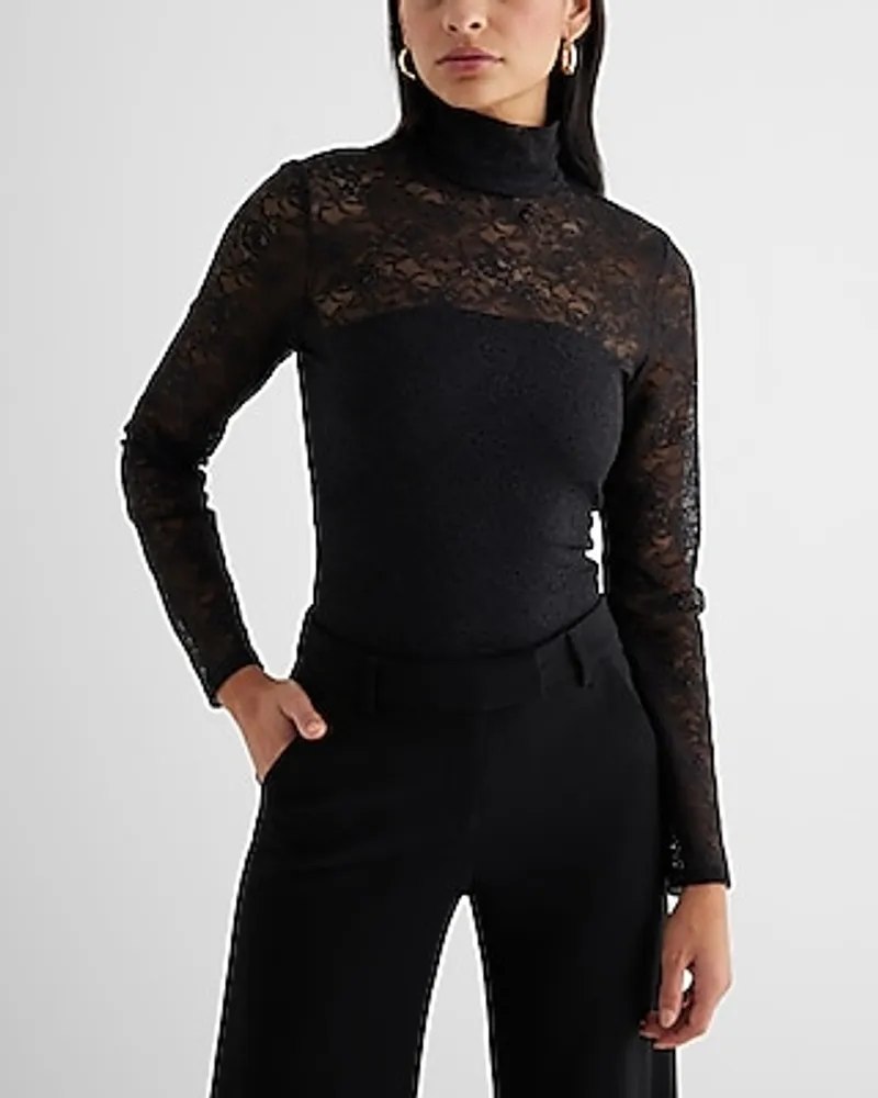 Express Fitted Lace Mock Neck Long Sleeve Bodysuit Black Women's XS