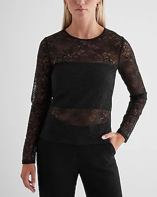 Fitted Lace Crew Neck Long Sleeve Tee Black Women's XS