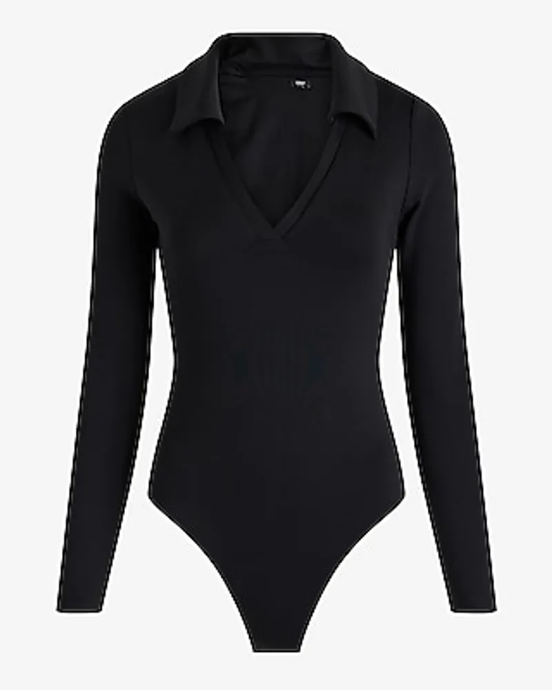 Express Body Contour High Compression V-Neck Polo Bodysuit Black Women's XL