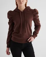 Skimming Puff Sleeve Fleece Hoodie Brown Women's XS