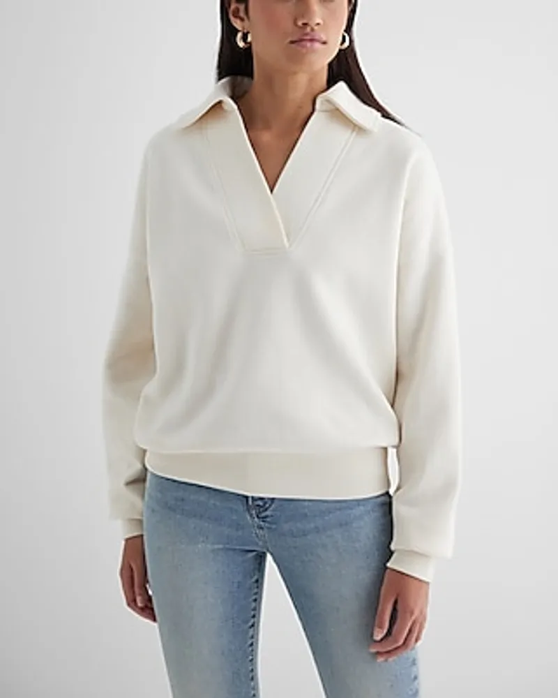 Relaxed V-Neck Fleece Polo Sweatshirt White Women