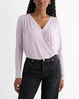 V-Neck Long Sleeve Faux Wrap Bodysuit Pink Women's