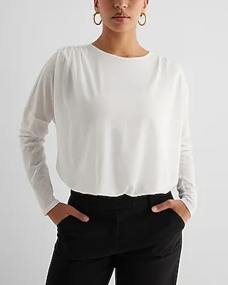 Skimming Long Sleeve Ruched Shoulder Bubble Tee White Women's XL