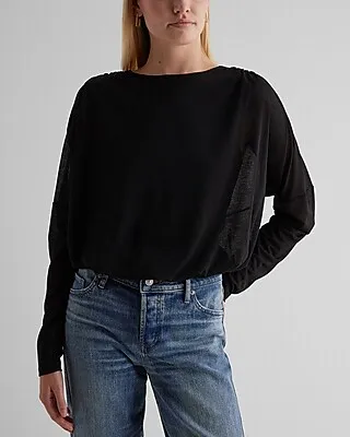 Skimming Long Sleeve Ruched Shoulder Bubble Tee Black Women's XS