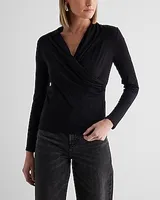 Skimming Cotton V-Neck Long Sleeve Surplice Tee Black Women's S