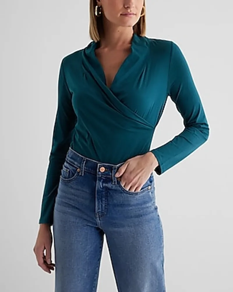 Skimming Cotton V-Neck Long Sleeve Surplice Tee Women's XS