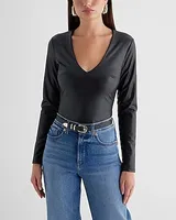 Body Contour Faux Leather V-Neck Long Sleeve Bodysuit Black Women's XS