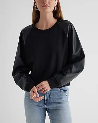 Luxe Lounge Faux Leather Sleeve Boxy Sweatshirt Black Women's XL