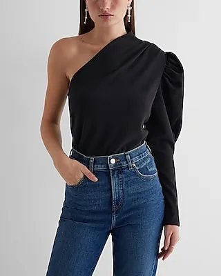 Skimming One Shoulder Puff Sleeve Top Black Women's S