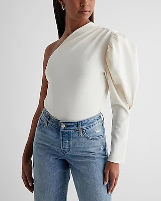 Skimming One Shoulder Puff Sleeve Top White Women's