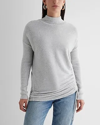 Ribbed Cozy Knit Mock Neck Cinched Side Top Gray Women