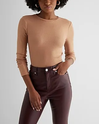 Shine Fitted Ribbed Crew Neck Long Sleeve Tee Brown Women's L