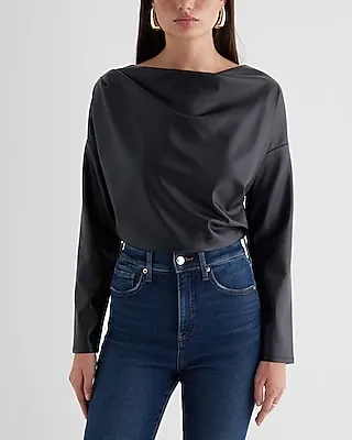 Skimming Faux Leather Draped Cowl Neck Ruched Side Top Black Women's