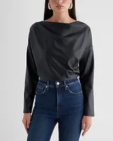 Skimming Faux Leather Draped Cowl Neck Ruched Side Top Black Women's M