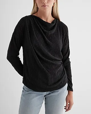 Skimming Textured Draped Cowl Neck Ruched Side Top Black Women's