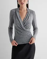 Skimming Light Weight V-Neck Long Sleeve Surplice Tee Gray Women's L