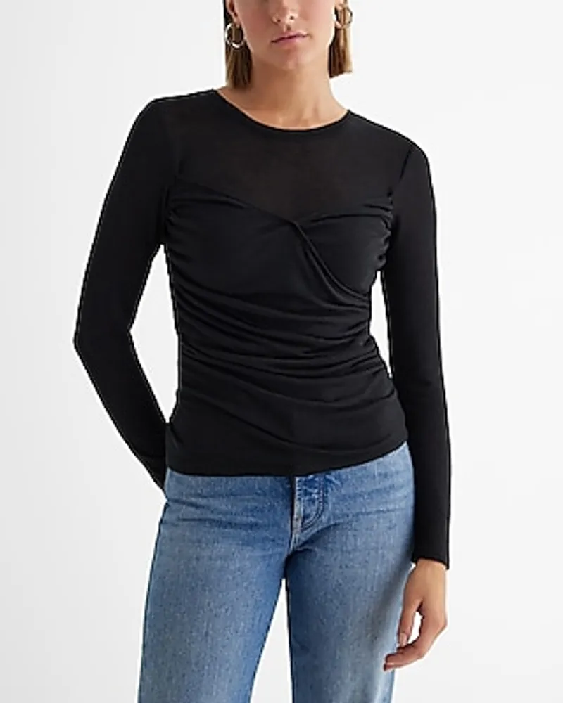 Express Fitted Light Weight Crew Neck Wrap Front Tee Black Women's