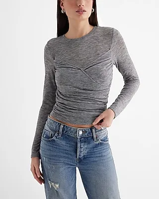 Fitted Light Weight Crew Neck Wrap Front Tee Gray Women's S