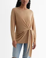 Skimming Light Weight Crew Neck Long Sleeve Tie Front Tee Brown Women's S