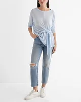 Skimming Light Weight Crew Neck Long Sleeve Tie Front Tee Women's