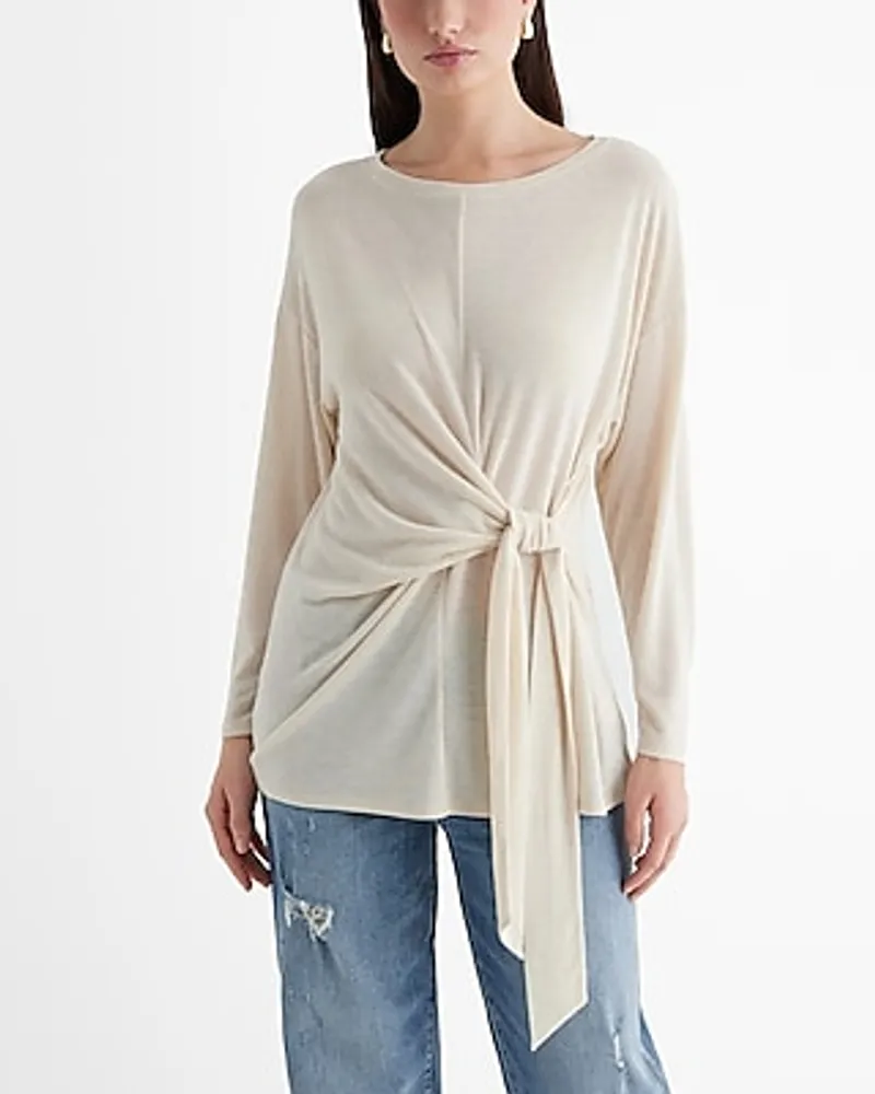 Skimming Light Weight Crew Neck Long Sleeve Tie Front Tee Neutral Women's XL