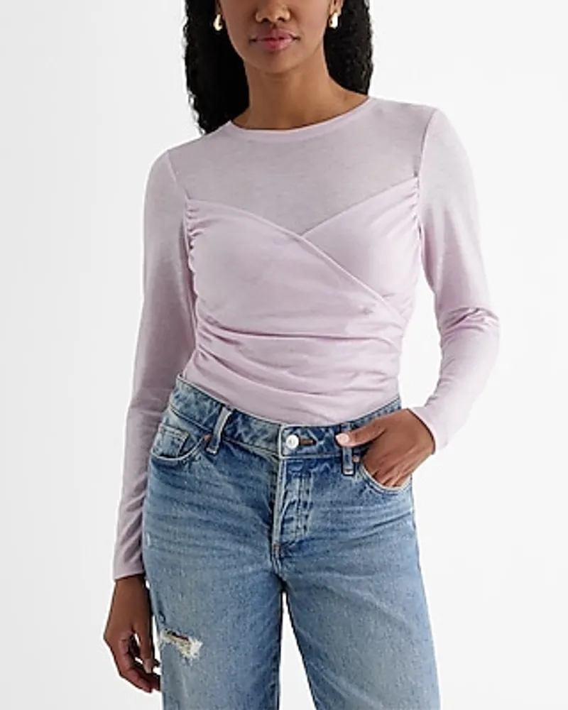 Fitted Shine Light Weight Crew Neck Faux Wrap Front Tee Pink Women's L