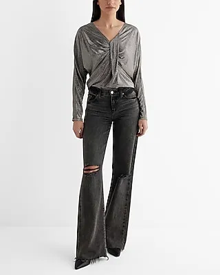 Skimming Textured Foil V-Neck Twist Front Draped Top