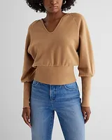 V-Neck Banded Bottom Fleece Sweatshirt Brown Women's