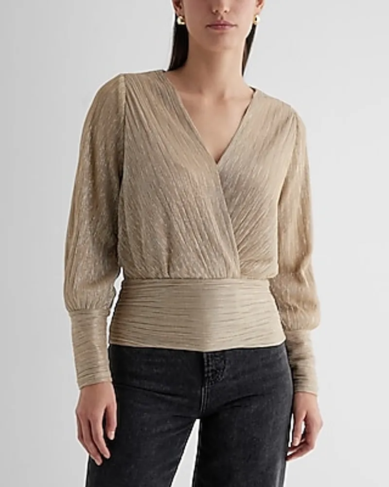 Metallic V-Neck Long Sleeve Surplice Top Neutral Women's XS